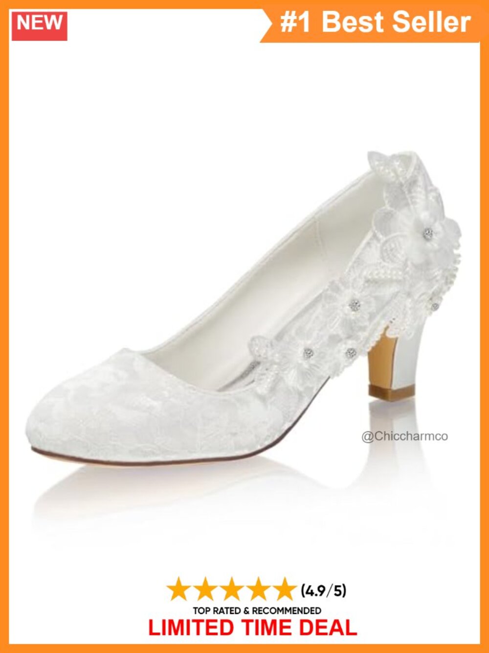 Lace Satin Chunky Heel Rhinestone Pumps Wedding Bridal Shoes